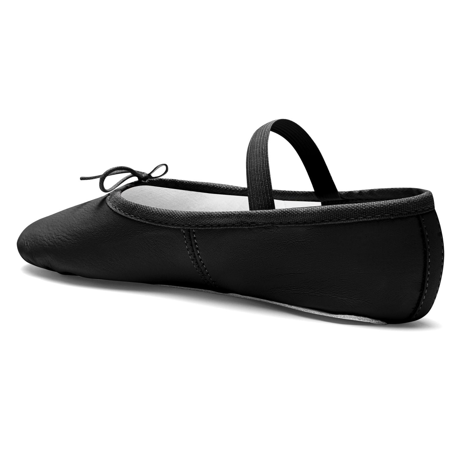 Das Rumpf 1001 Ballettschläppchen in Schwarz verfügt über einen elastischen Riemen, eine kleine Schleife und eine Chromledersohle.